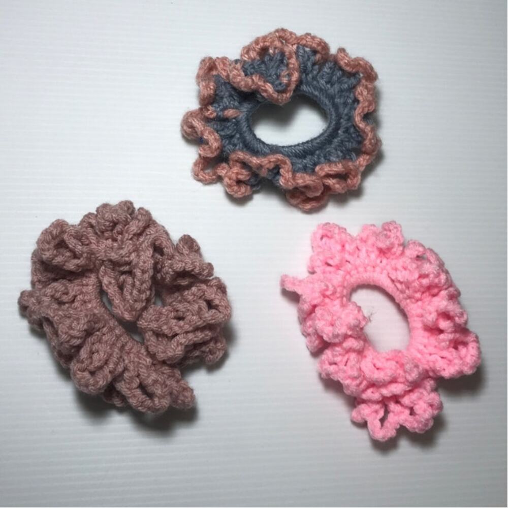 NWT Cottagecore Ruffled Handmade Crocheted Hair Scrunchies Set of 3